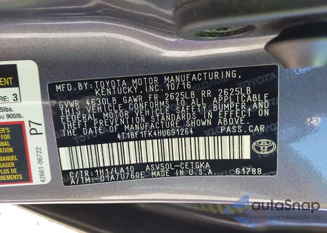 2017 Toyota Camry Xle z USA, uszkodzony, nr VIN 4T1BF1FK4HU691264